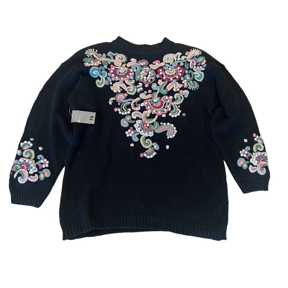 Vintage BOAZ NWT Black Pastel Embroidered Pearls Sweater Ramie Cotton  Sz 22-24